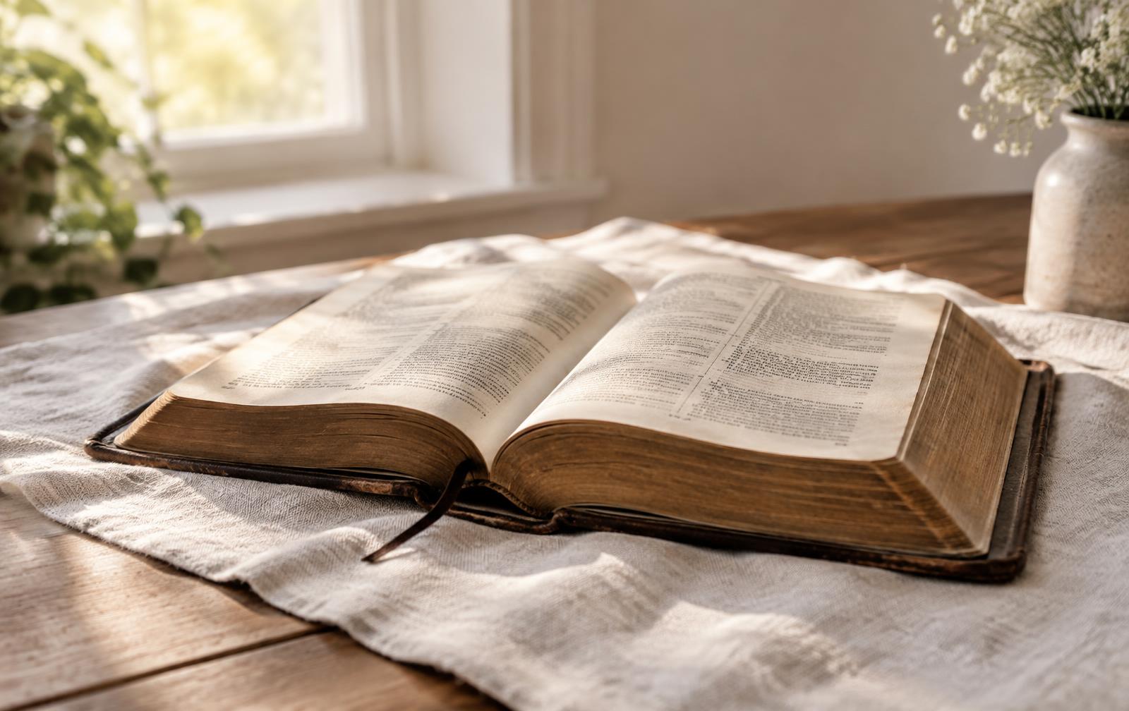 En öppen Bibel på en linneduk i mjukt dagsljus